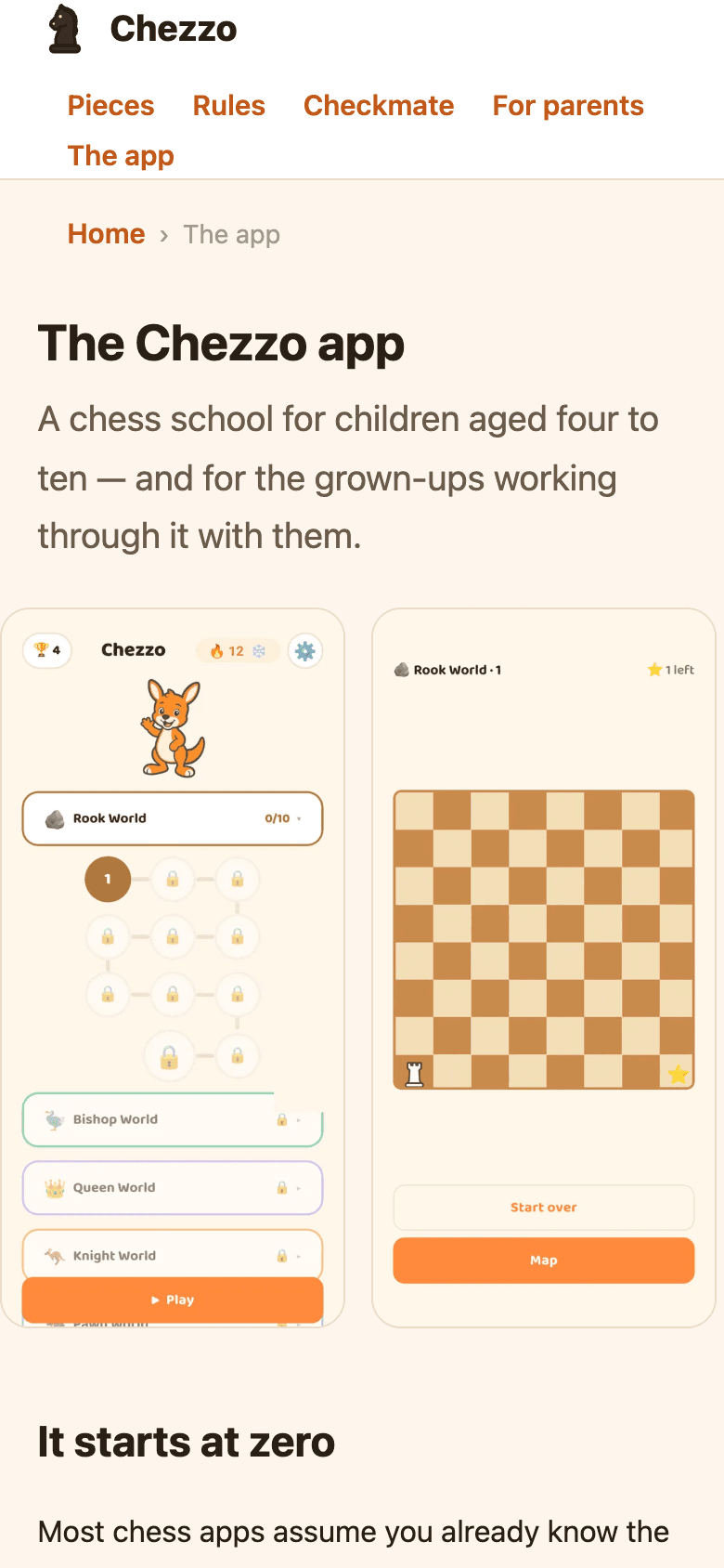 Chezzo app page on a phone, showing the chess school for children aged four to ten.