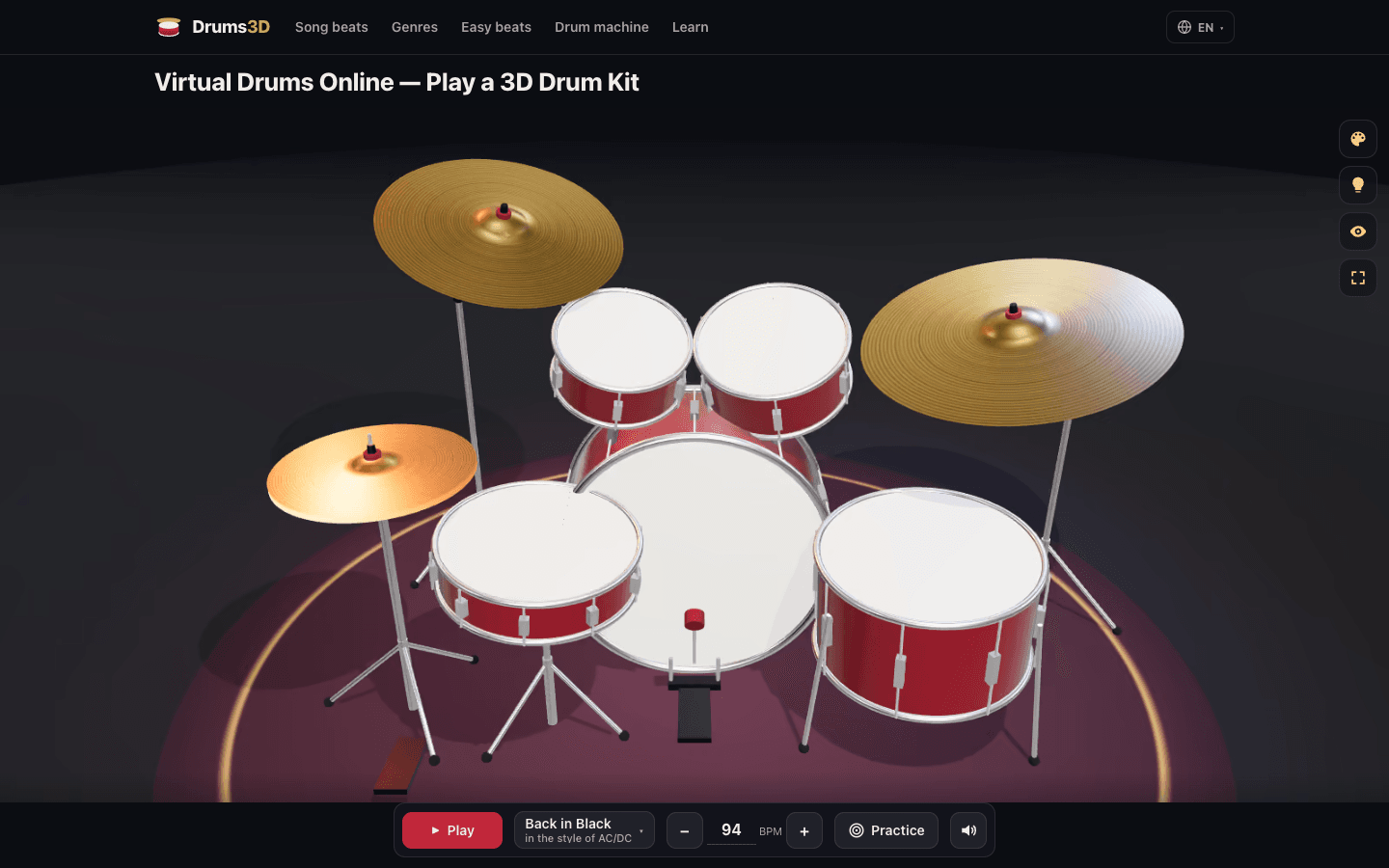 Drums3D in the browser: a red 3D drum kit with cymbals, tempo control and a Play button.