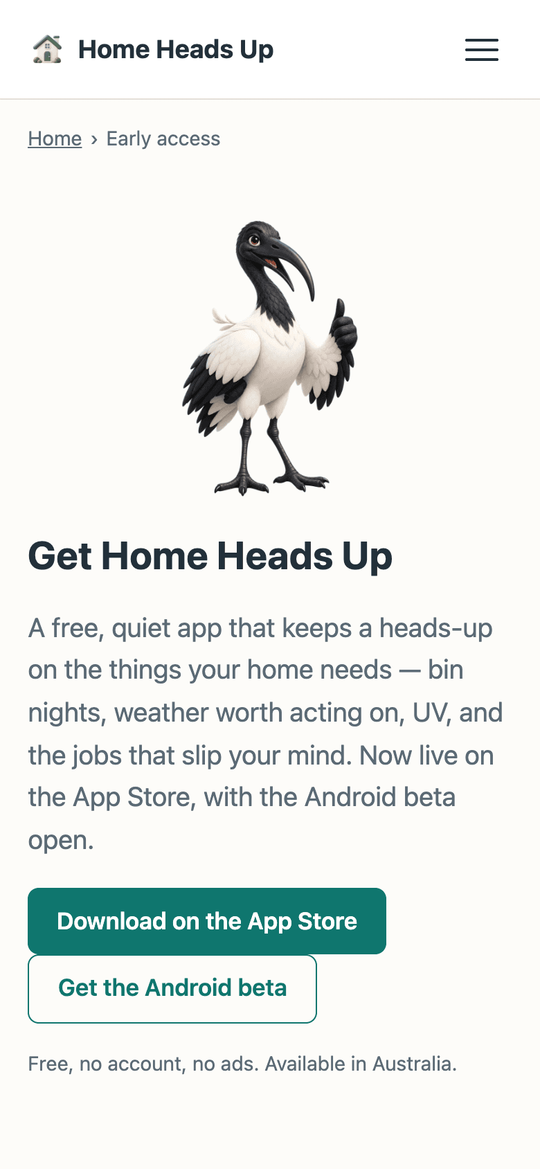 Home Heads Up early access page on a phone, with App Store and Android beta buttons.