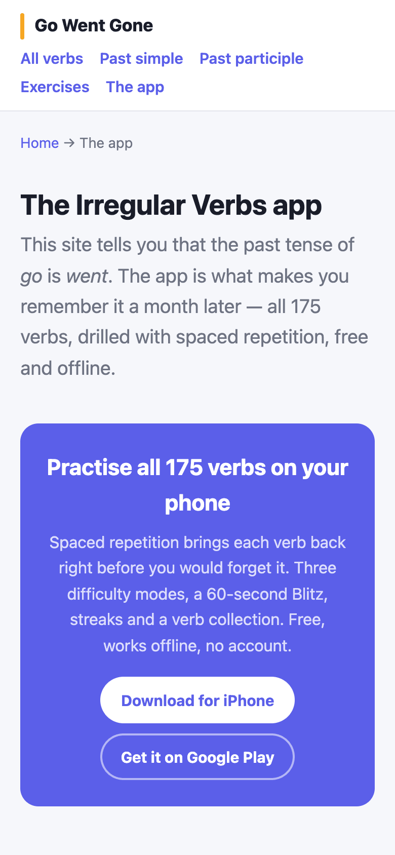 Irregular Verbs app page on a phone, describing practice for all 175 verbs with spaced repetition.
