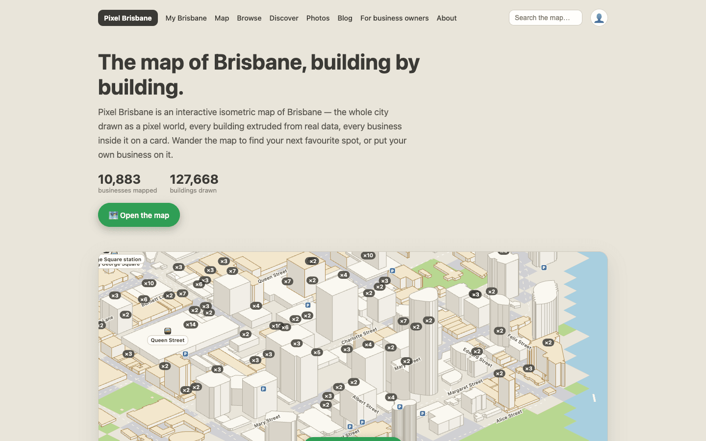 Pixel Brisbane home page: the isometric map of Brisbane with the number of businesses mapped and buildings drawn.